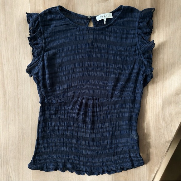 FRAME
Striped Sleeveless Flounce Top Navy Size Large Viscose stretchy Blouse - Picture 1 of 11